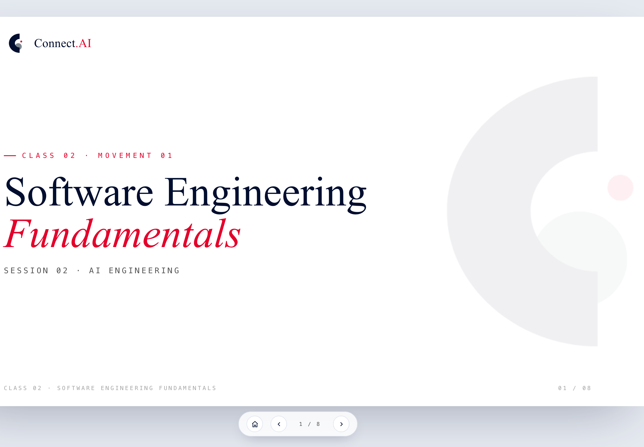 The cover of the Class 02 deck, Software Engineering Fundamentals, with the slide counter and navigation