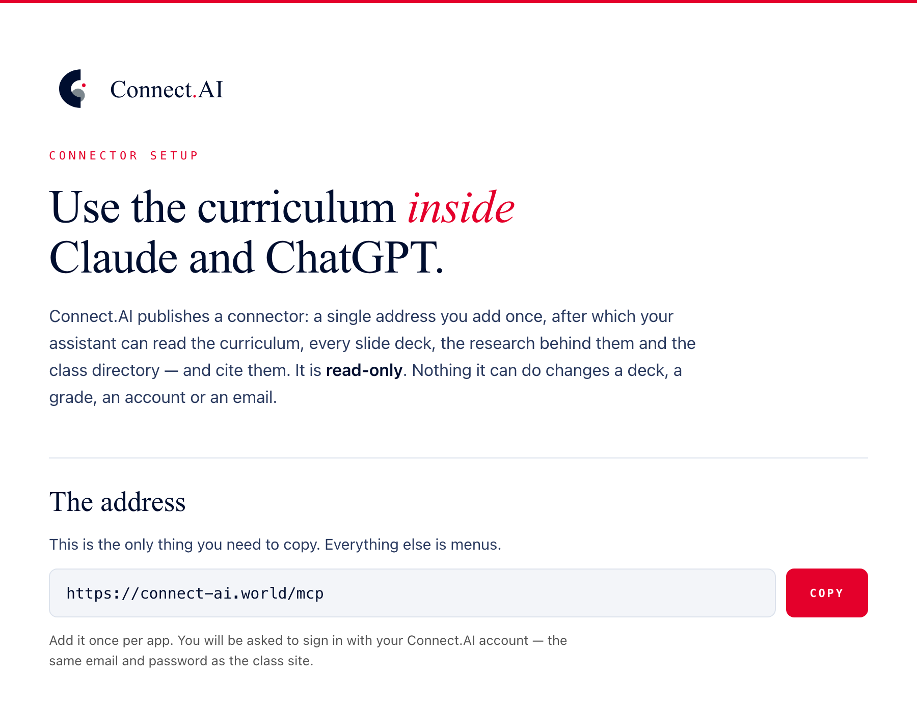 The Connect.AI connector page: “Use the curriculum inside Claude and ChatGPT”, the read-only description, and the connector address https://connect-ai.world/mcp beside a Copy button