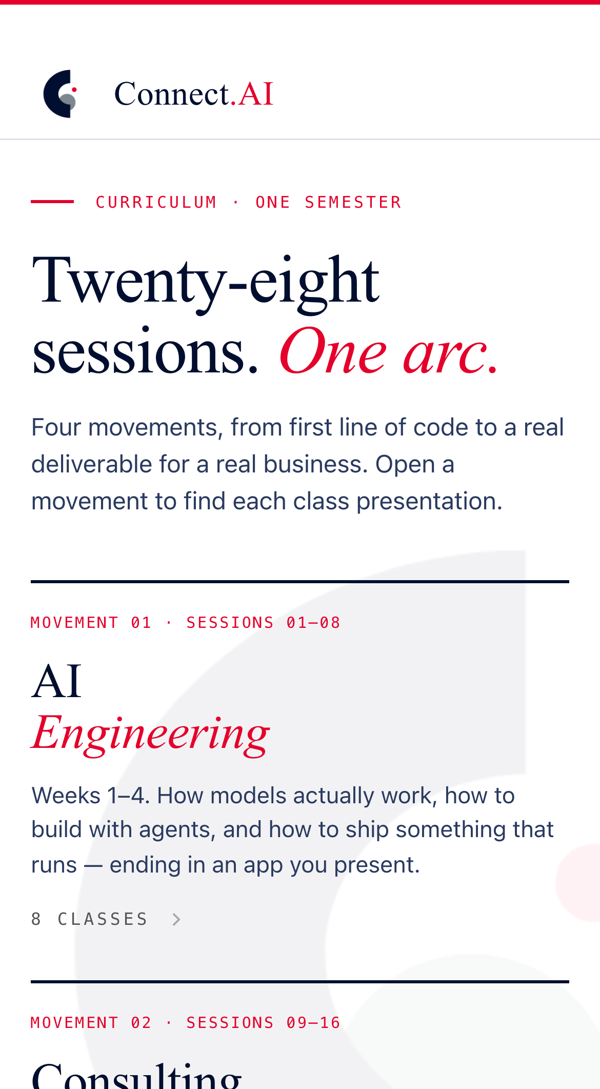 The Connect.AI dashboard on an iPhone: the brand bar, “Twenty-eight sessions. One arc.” and the first movement