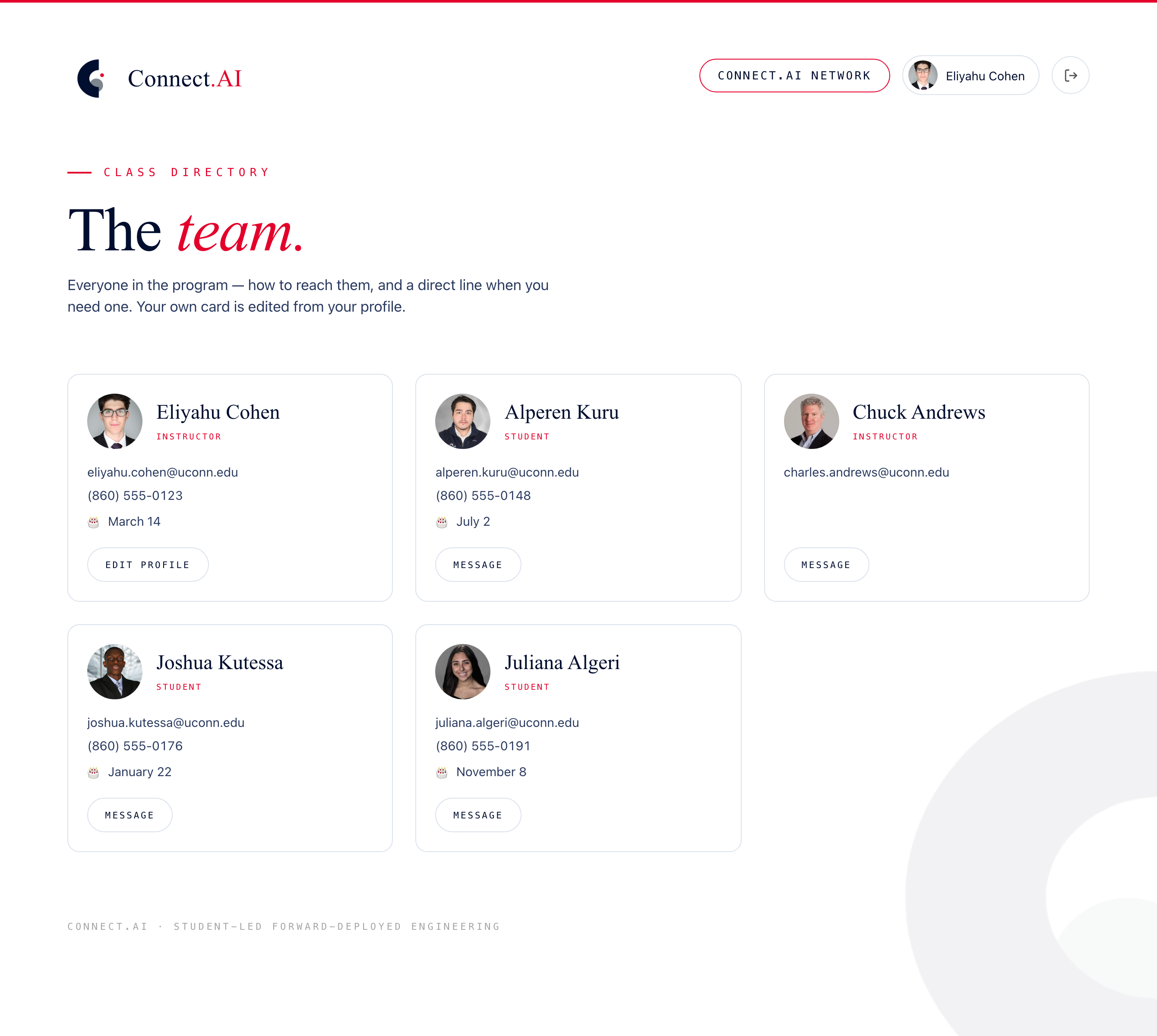 The Connect.AI Network page: a class directory of cards, each with a photo, name, role, email, phone, birthday and a message button