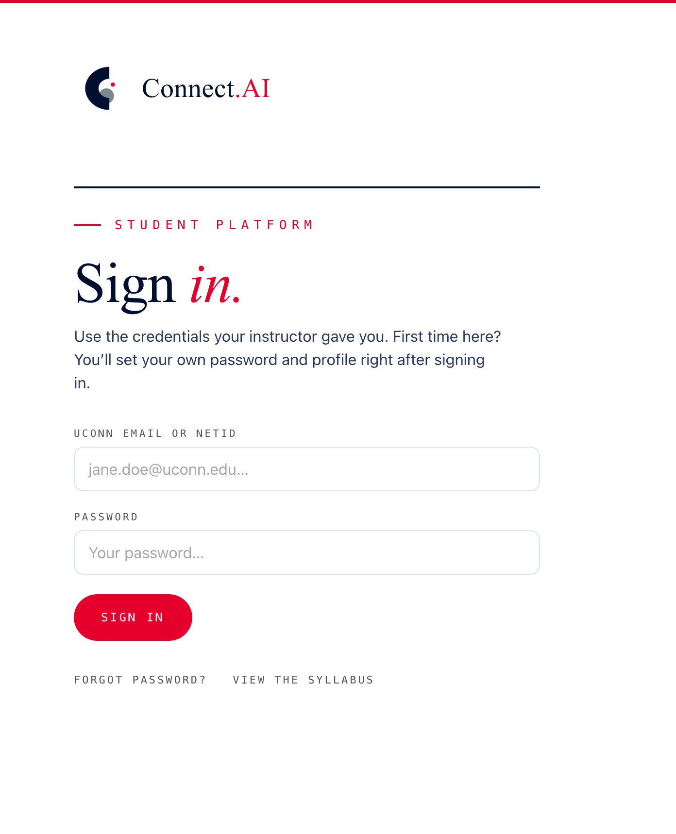 The Connect.AI sign-in page: UConn email or NetID, password, and a Sign in button