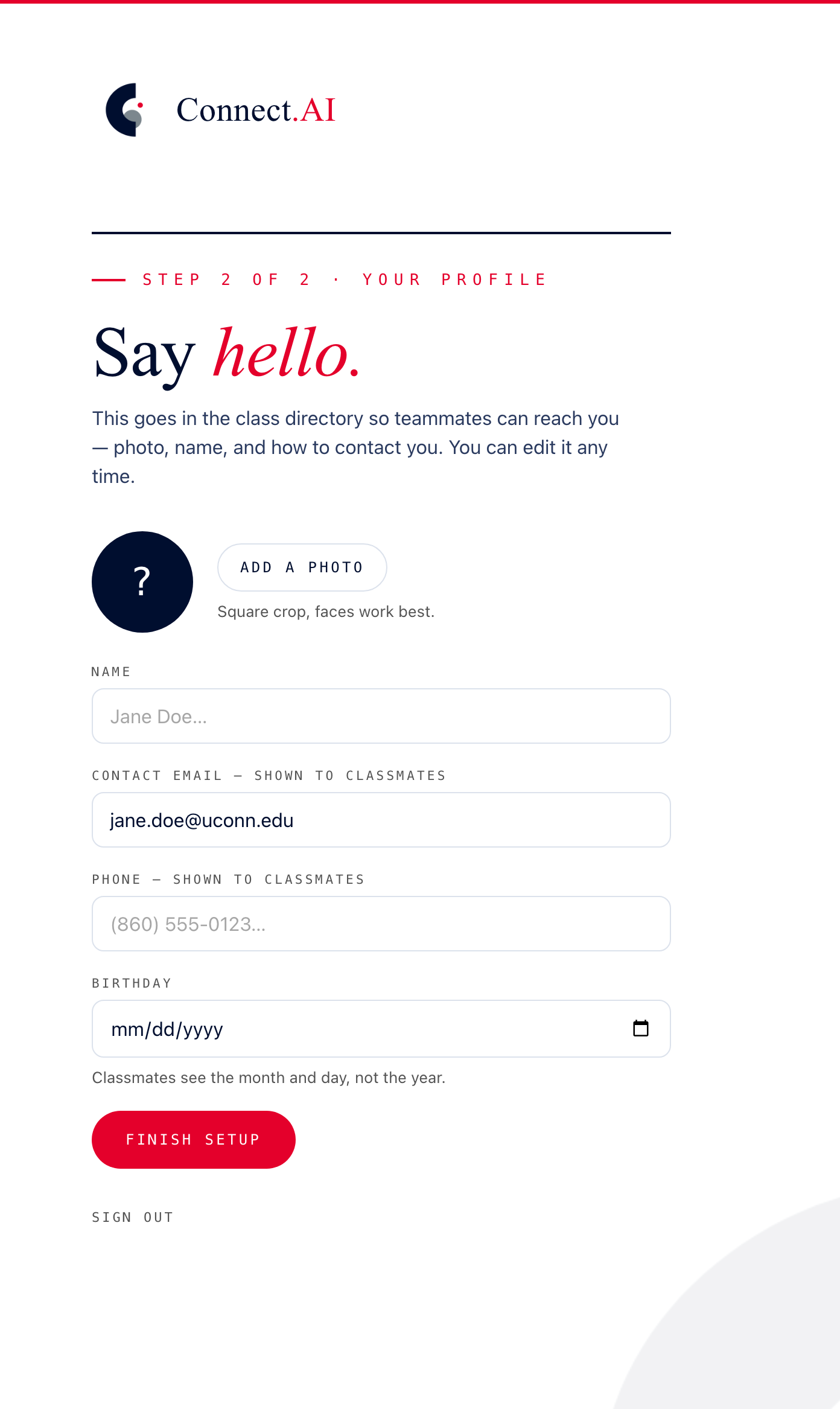 Step 2 of 2, Your profile: photo, name, contact email, phone and birthday, then Finish setup